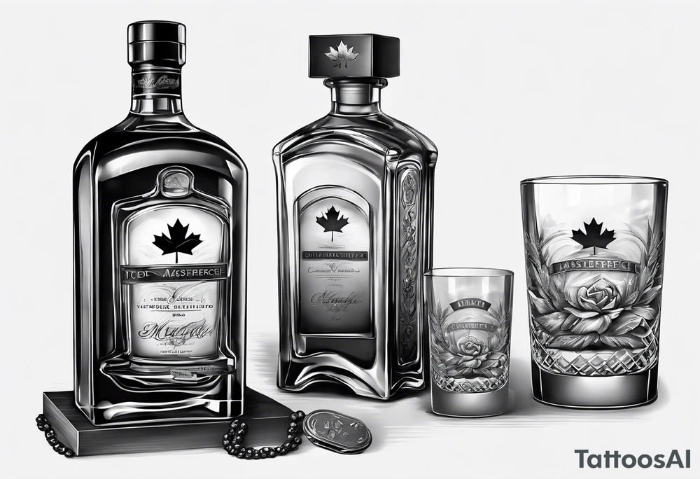 Canadian whiskey and glass and dog tags tattoo idea