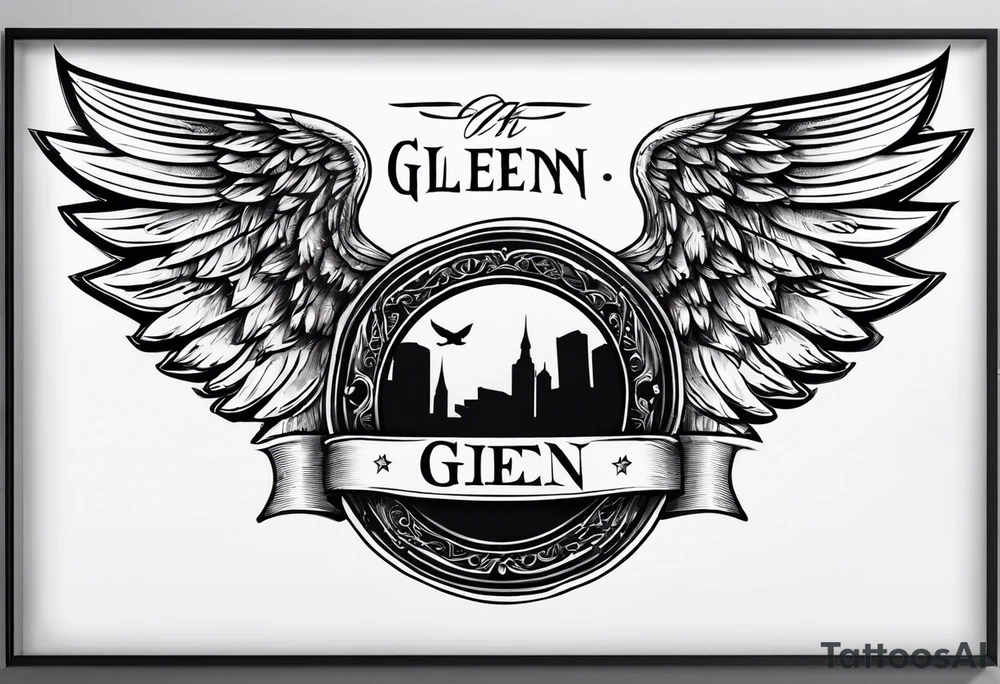 Simple tattoo with the word Glenn on a banner and angel wings tattoo idea