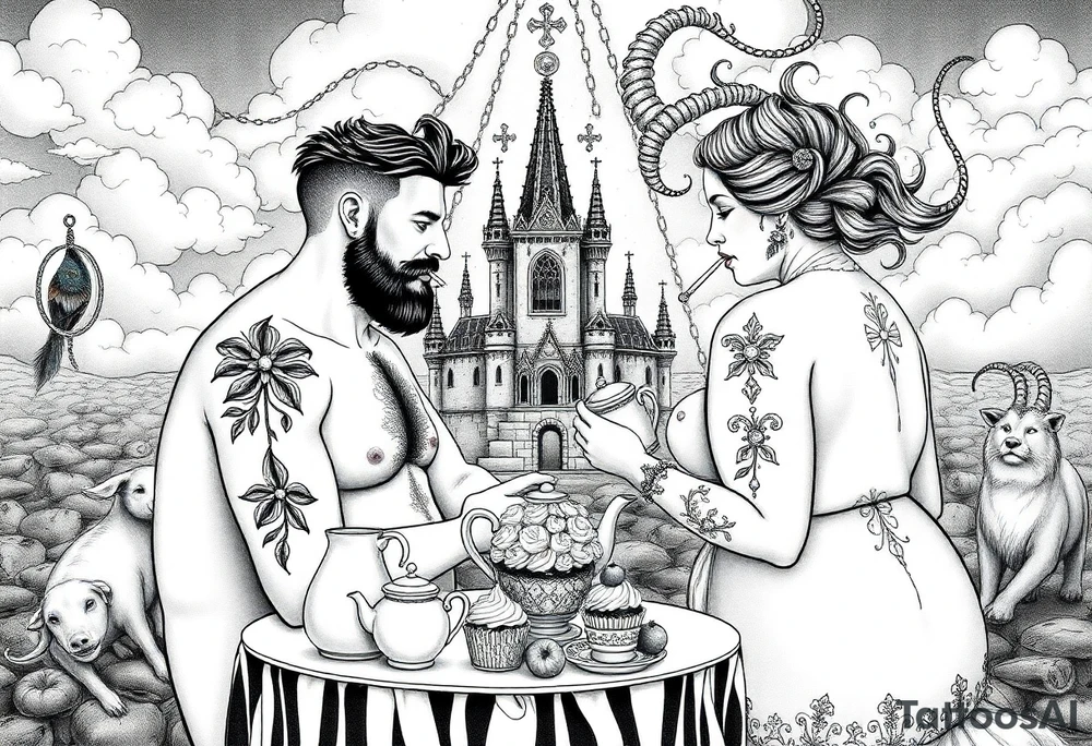 Naked Man and fat woman having sex eating cupcakes and  fruit  having sexy naked fat lady having a tea party with tea pots  with medieval castle  
with mystical  aries a pigs, peacock,  lion, goat, noose and smoking cigerettes looking in the mirror thru storm clouds and broken hearts and darkness and wrath, envy , gluttony, greed, sloth, pride . Gothic tattoo idea