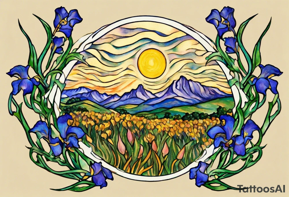 Create a small colorful Vincent van Gogh Irises tattoo in the form of a crescent, with vines or Celtic knots gracefully intertwining at a central point in the middle of the wreath.  In the middle of the wreath are mountains and other items found in New Mexico. Ensure that the design avoids the appearance of a bush and maintains a more structured and deliberate arrangement. The intended placement is on the upper chest. The overall design should be small in size while maintaining a delicate and artistic aesthetic. Pay attention to the graceful flow of the vines and the placement of the irises to achieve a refined and elegant look. tattoo idea