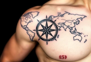 antique compass rose overlaid on weathered world map with sailing ships tattoo idea