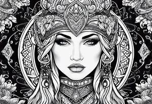 Viking, feminine warrior, mandala, bedroom eyes, headshot, closeup, full design, princess, round emblem tattoo idea