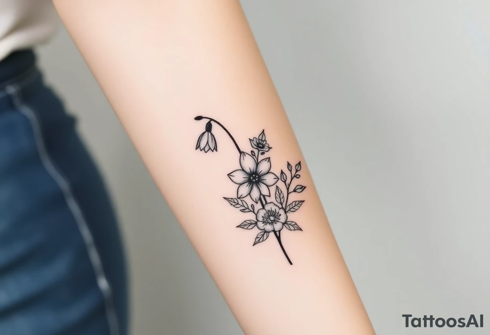 Simple small design in black bunch of flowers 1 lily of the valley 1 daffodil 1 holly 1 larkspur tattoo idea