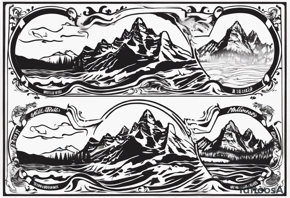 On the top will be the maroon bells mountains. In the middle will be "Keep Chuggin" in cursive writing. On the bottom will be a rough ocean with waves and whitecaps tattoo idea On the top will be the maroon bells mountains. In the middle will be "Keep Chuggin" in cursive writing. On the bottom will be a rough ocean with waves and whitecaps tattoo idea
