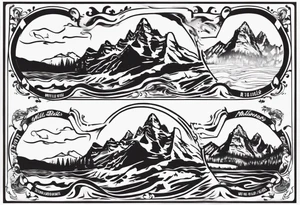 On the top will be the maroon bells mountains. In the middle will be "Keep Chuggin" in cursive writing. On the bottom will be a rough ocean with waves and whitecaps tattoo idea