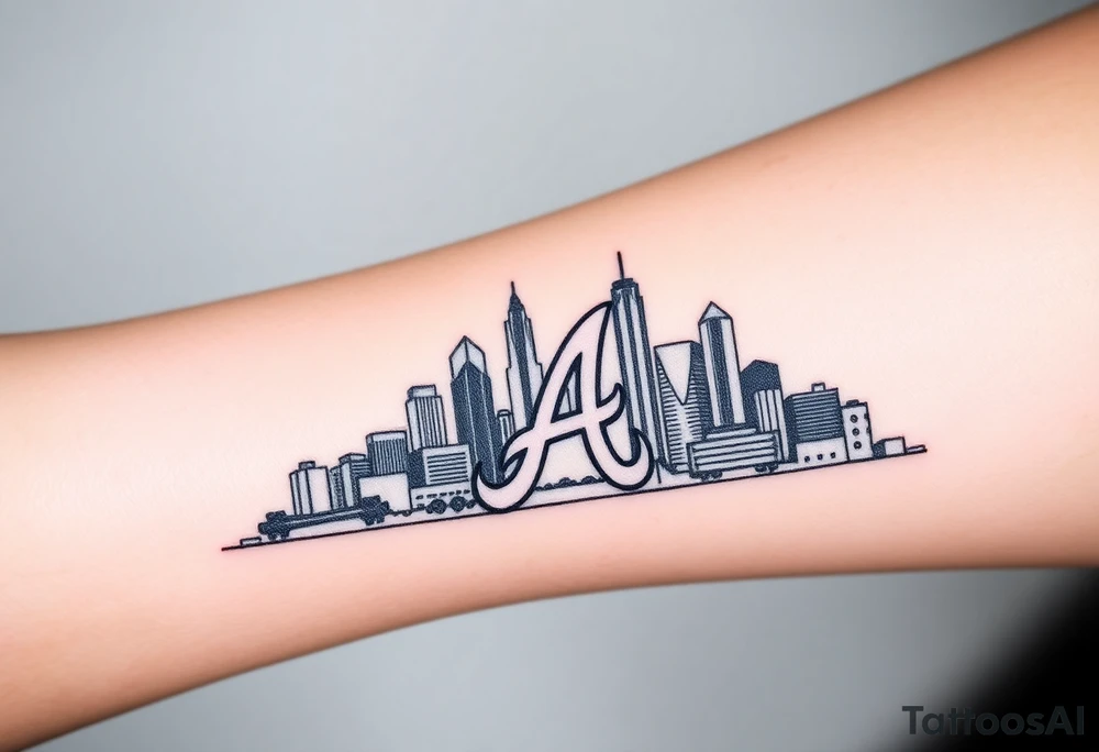 3D layered Atlanta skyline with Braves logo tattoo idea