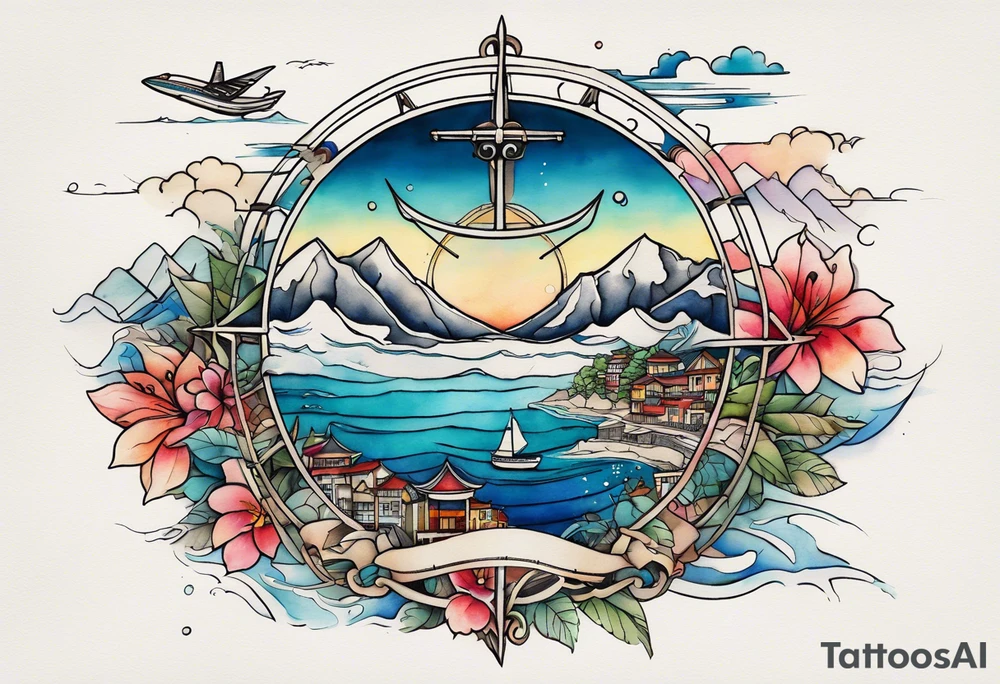 Travel themed for thigh, compass rose overlaid with beach, mountains, city scapes and European landmarks in and around it, spilled watercolor and tiny jet plane silhouette and a tiny ski boat in the water tattoo idea