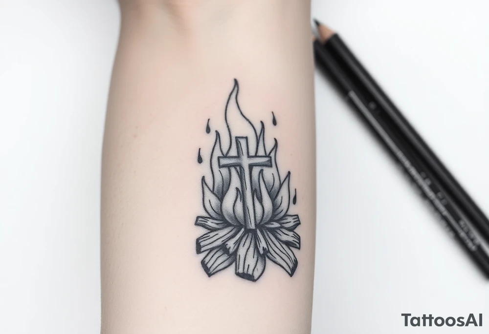 Campfire with a cross hidden in the flames tattoo idea