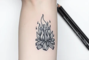 Campfire with a cross hidden in the flames tattoo idea