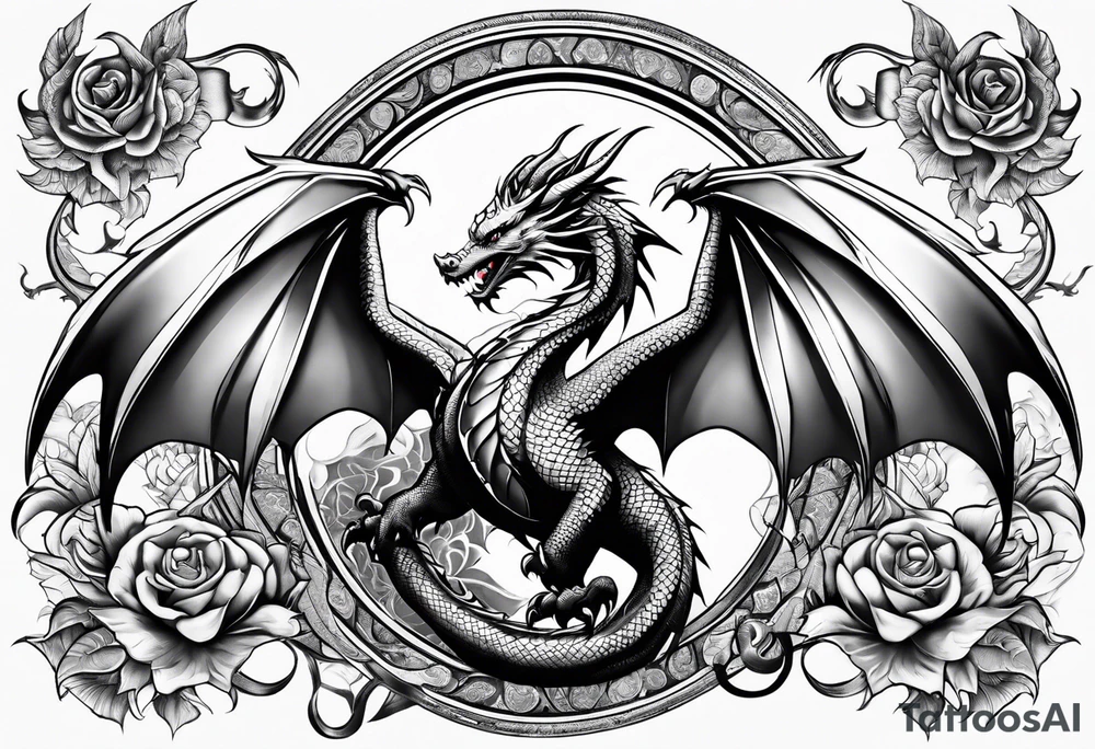Family of five dragons with wings spread tattoo idea