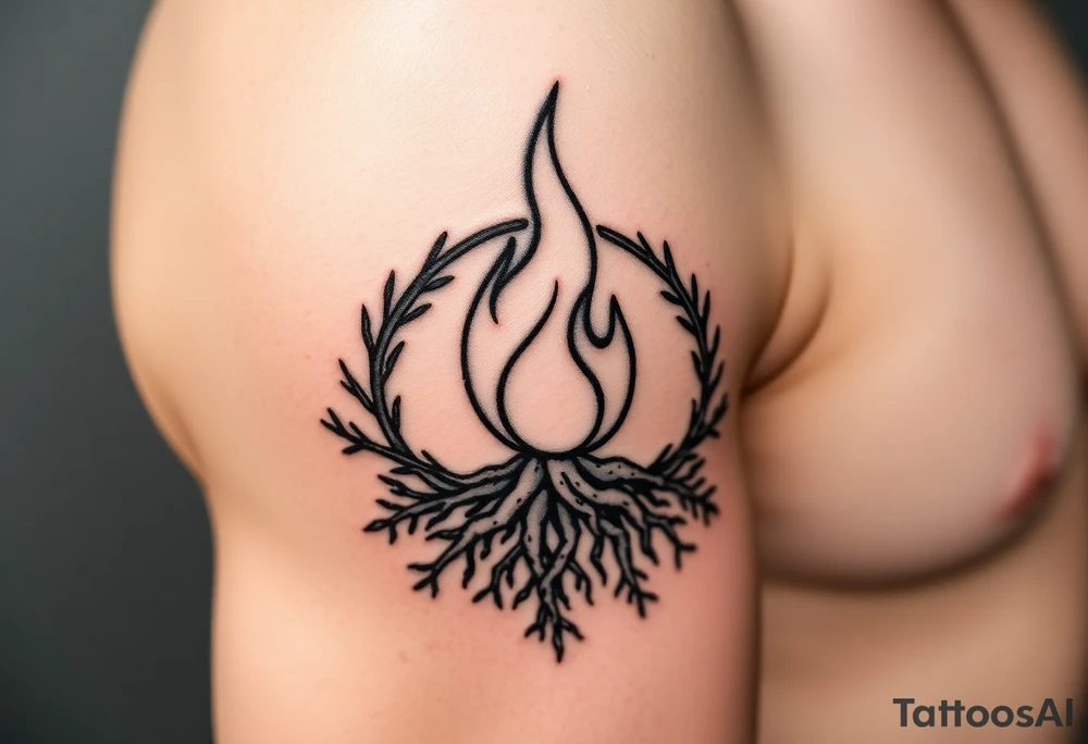 flame in a blooming roots circle tattoo idea