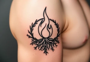 flame in a blooming roots circle tattoo idea
