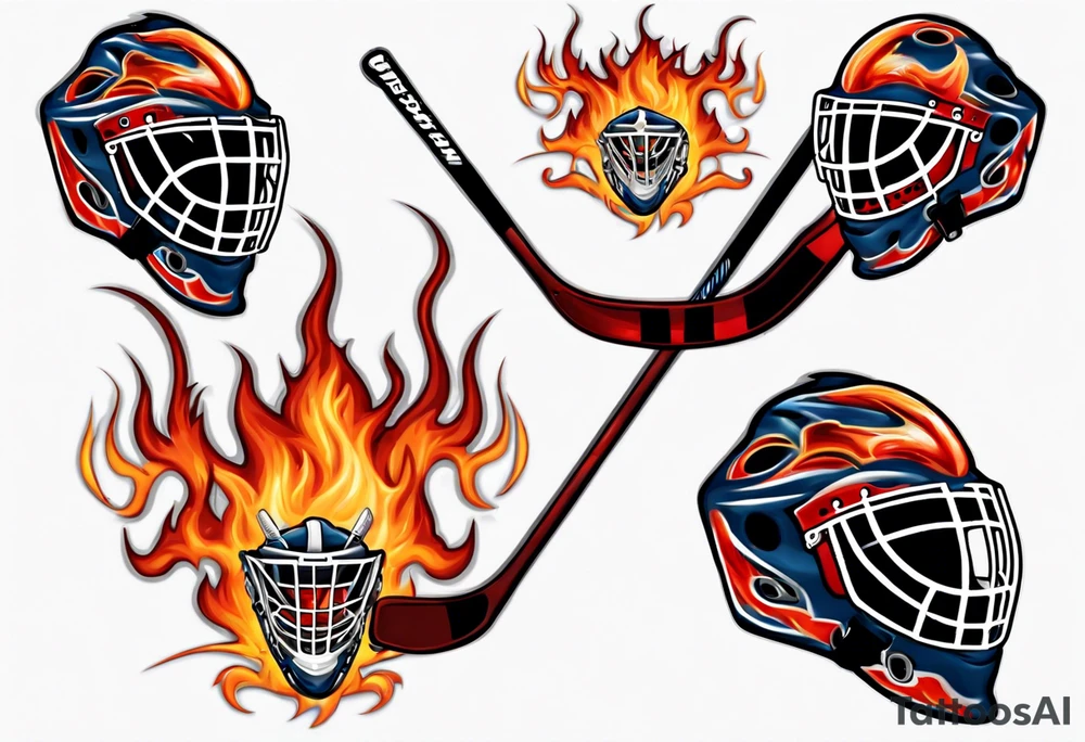 a goalie mask with crossed hockey sticks and flames saying "SHOT HOCKEY" tattoo idea