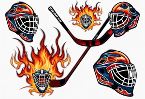 a goalie mask with crossed hockey sticks and flames saying "SHOT HOCKEY" tattoo idea