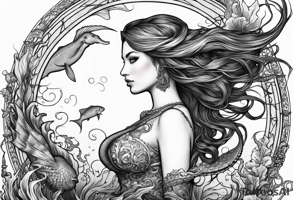 mermaid holding trident side profile, looking at seahorse and shipwreck octopus tentacles tattoo idea