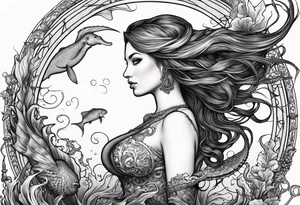 mermaid holding trident side profile, looking at seahorse and shipwreck octopus tentacles tattoo idea