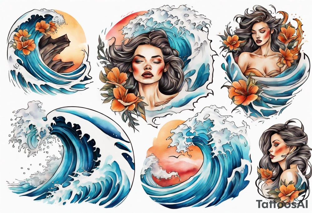a crashing wave with the face of a woman tattoo idea