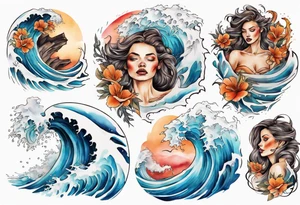 a crashing wave with the face of a woman tattoo idea