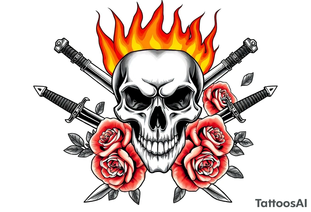 Skull with fiery flames, crossed broadswords, vibrant blooming roses. tattoo idea