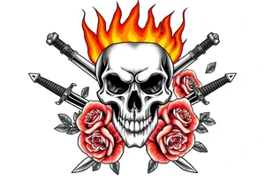 Skull with fiery flames, crossed broadswords, vibrant blooming roses. tattoo idea