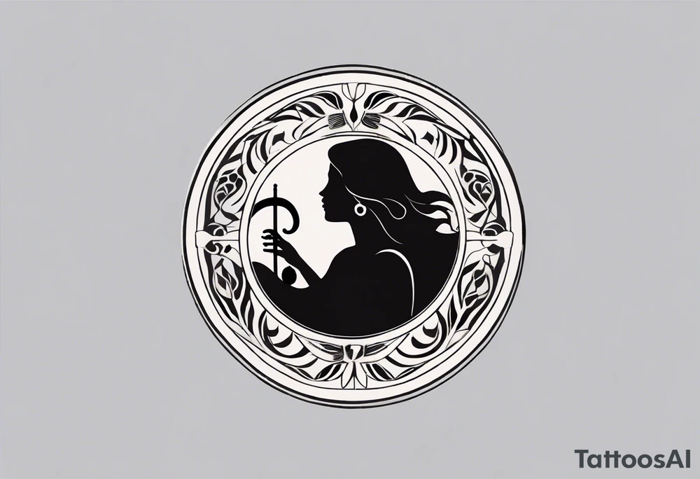 "Craft a minimalist round tattoo inspired by ancient Greek art, featuring Clio, the muse of history and lyre-playing. Design a circular composition with Clio depicted in the center, holding a scroll and a lyre. Surround her with simple yet symbolic elements such as laurel wreaths, scrolls, or geometric patterns reminiscent of ancient Greek pottery. Ensure the design maintains a minimalist style, with clean lines and limited detail, while capturing the essence of Clio's affinity for knowledge and the arts within the circular frame." tattoo idea
