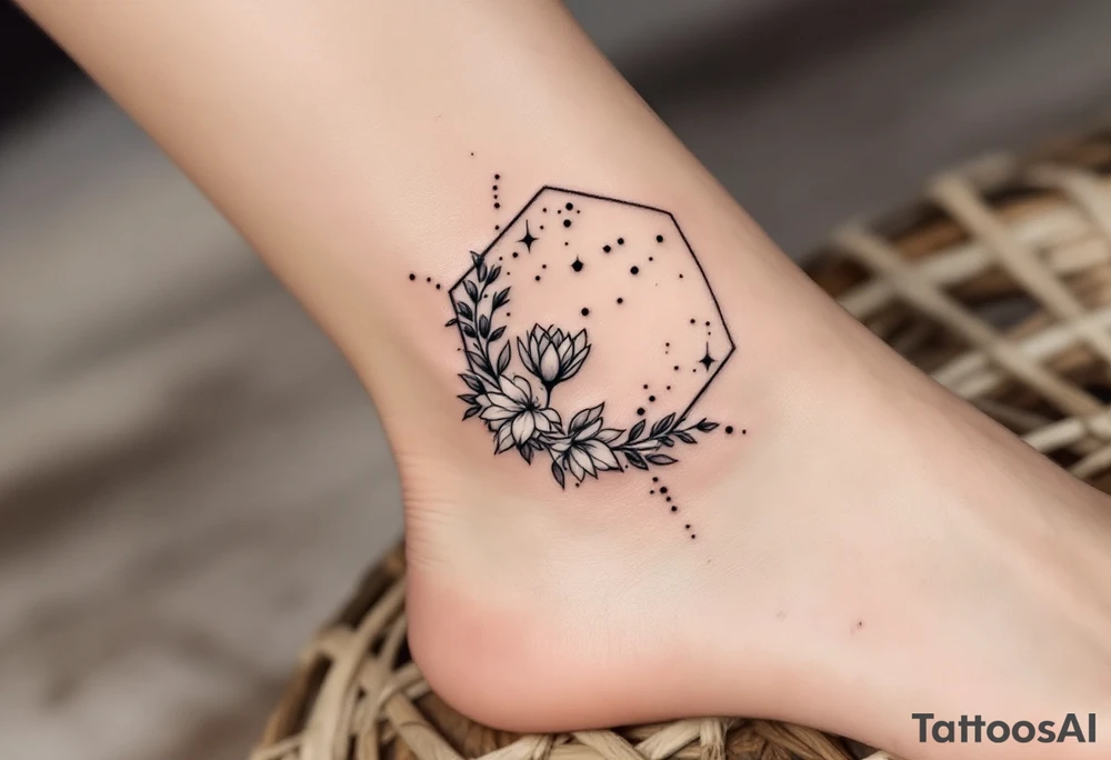 Hexagon with larkspur, water Lilly and Leo constellation tattoo idea