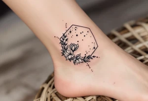 Hexagon with larkspur, water Lilly and Leo constellation tattoo idea