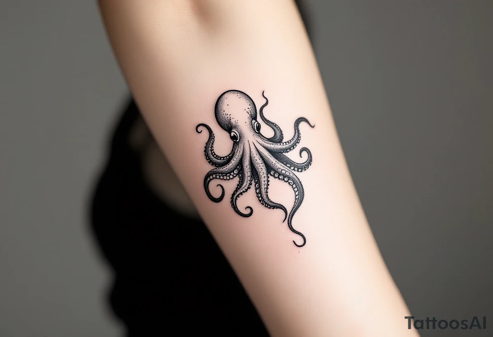 A small realistic black and grey tattoo of an octopus, with detailed shading and soft linework, showing the octopus with swirling tentacles, on light skin. The style is minimalistic and elegant, resembling fine-line tattoo with a shadow tattoo idea