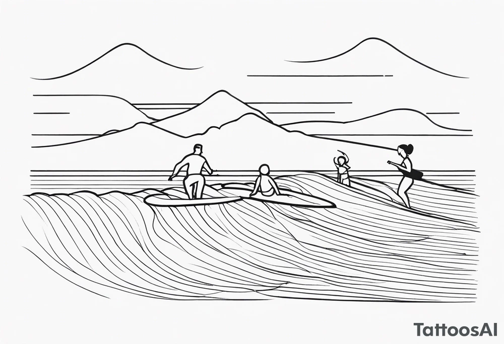 Single line tattoo depicting a father surfing with his two daughters tattoo idea