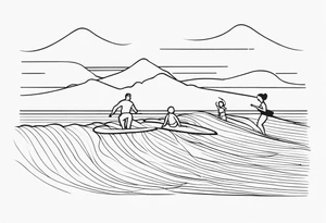 Single line tattoo depicting a father surfing with his two daughters tattoo idea