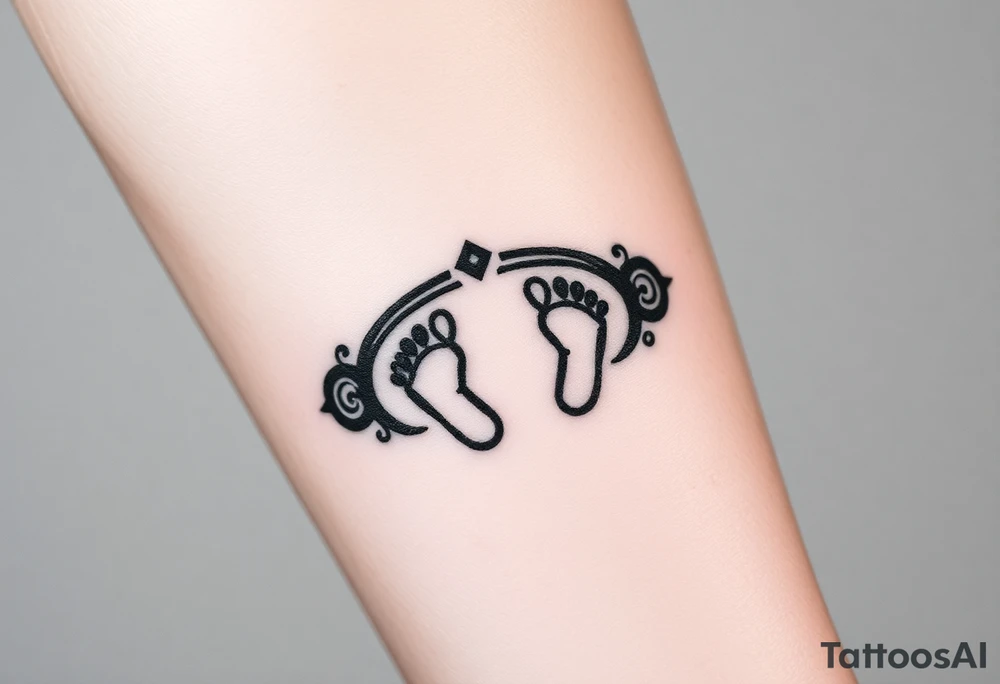 Tribal tattoo in ring/band with Ghanaian symbols as well jamaica incorporated with 4 baby foot prints tattoo idea