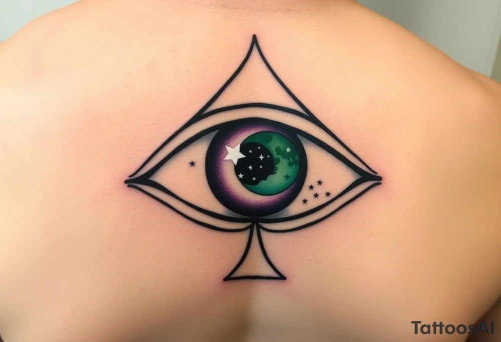 Large outline of an eye almond shaped with a spade for the eyeball + eyecolor greenish blue with a crescent moon stars and clouds inside of the spade eyeball using vivid colora like green purple and blue tattoo idea