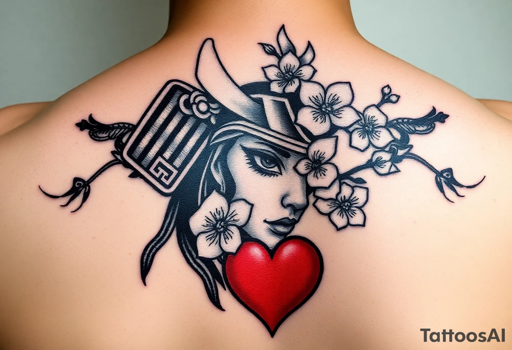 Samurai women warrior face
 with a with cherry blossom with wind red heart tattoo idea