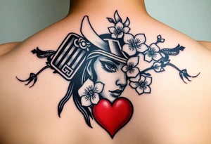 Samurai women warrior face
 with a with cherry blossom with wind red heart tattoo idea