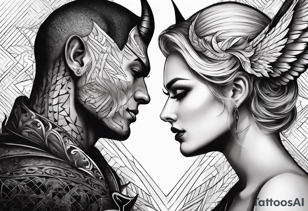 engel and devil look at each other from top and bottom tattoo idea