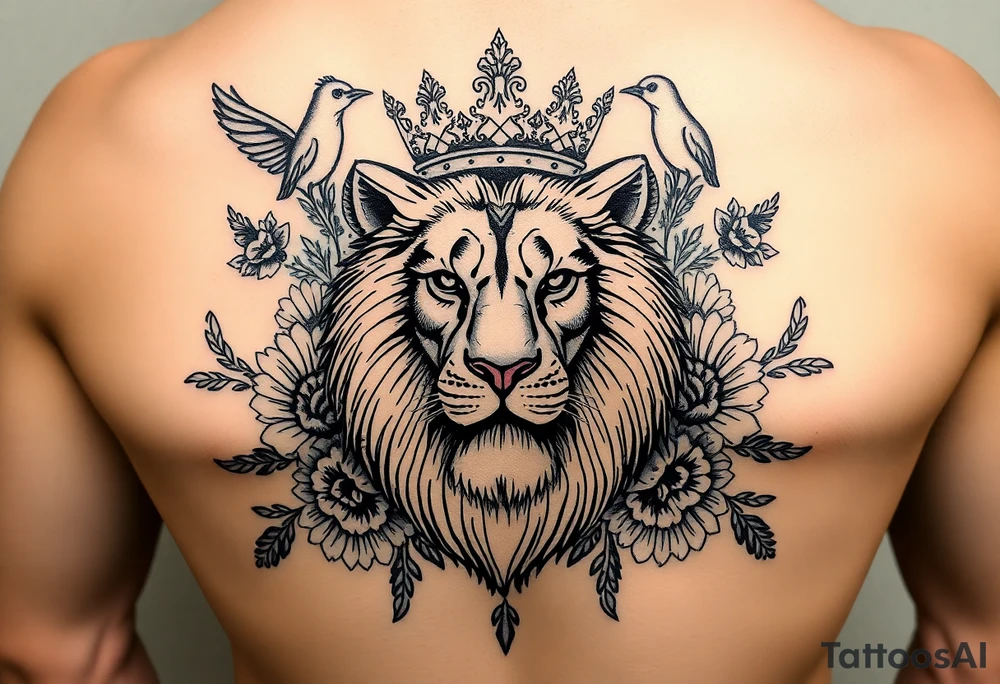 powerful majestic lion with a crown, surrounded by floral ornaments and birds tattoo idea