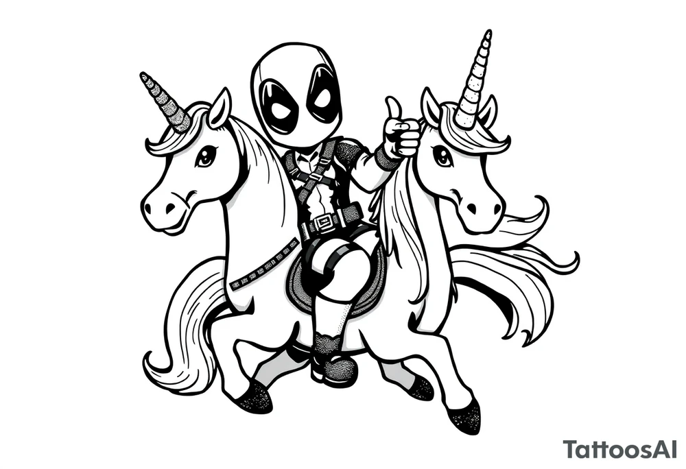 Silly glittery Deadpool riding unicorn giving middle finger tattoo idea