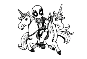 Silly glittery Deadpool riding unicorn giving middle finger tattoo idea