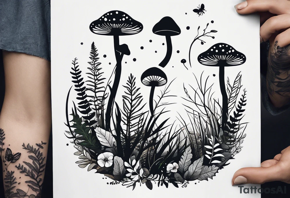 minimalistic forest floor inspired tattoo, which includes grass, moss, curly ferns and dead leaves as the bulk of the tattoo. details to include: forest berries, couple of very small brown mushrooms, a tiny bumblebee flying nearby tattoo idea
