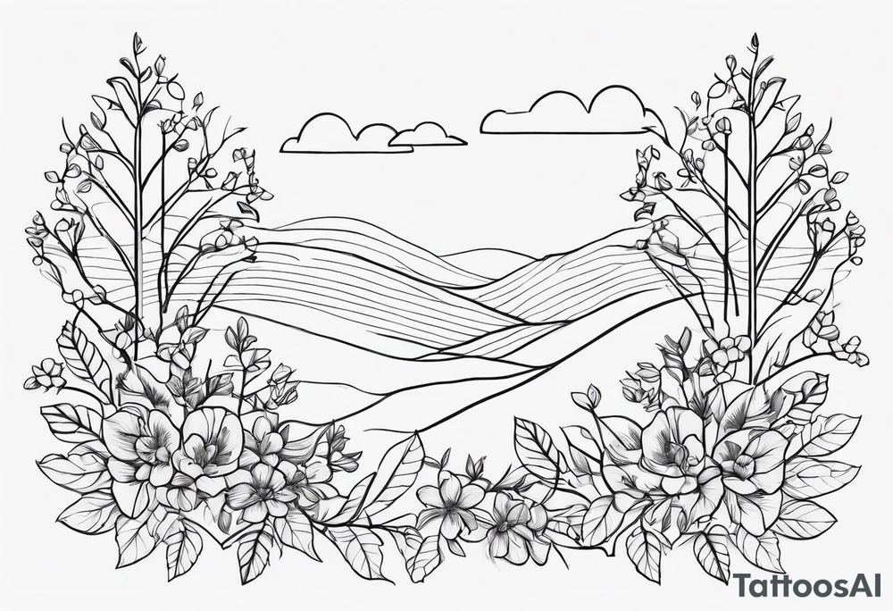 fine line vines, flowers, minor trees, fine line shapes tattoo idea