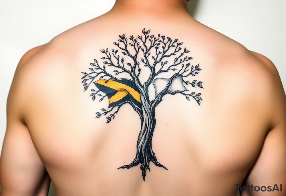 Tree of life with Jamaican and Irish flag colours combined on the leaves tattoo idea