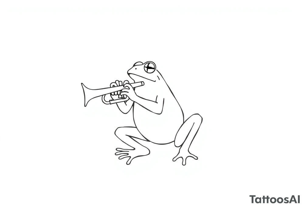 Draw a single continuous line drawing of a frog playing a trumpet, where the entire image is created using only one unbroken black line, with no lifting of the pen and no separate lines. The line must flow smoothly and clearly form the frog and trumpet , minimalist style. The frog should be , in a jazzy or playful pose, holding and playing the trumpet. No shading, no extra strokes, no background — just one elegant, fluid, uninterrupted line on a white canvas. tattoo idea
