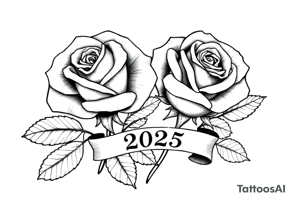 two beautiful large rose buds, one slightly larger than the other, with lots and lots of leaves next to the rose buds, with one sitting slightly higher than the other, side-by-side.  Include a banner connecting the two roses with the year 2025 on it.   Use dark outlines with little shading. Remove all stems from the roses. tattoo idea