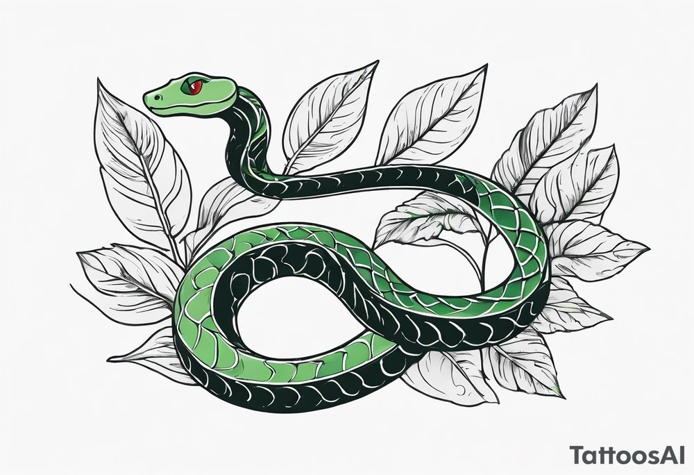 Seven deadly sins snake with soft green leaves as colour tattoo idea