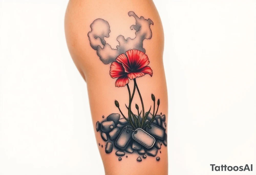 War zone with 2 poppy’s growing out of the smoke with dog tags laying on the ground tattoo idea