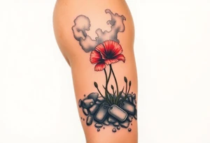 War zone with 2 poppy’s growing out of the smoke with dog tags laying on the ground tattoo idea