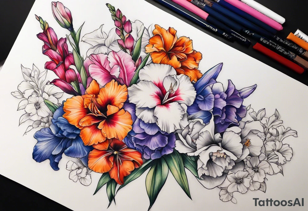 full sleeve of floral tattoo of purple gladiolus flower, pink peony, red hawthorn, orange marigold, navy blue sweet pea, and white paper white narcissus tattoo idea