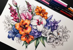 full sleeve of floral tattoo of purple gladiolus flower, pink peony, red hawthorn, orange marigold, navy blue sweet pea, and white paper white narcissus tattoo idea