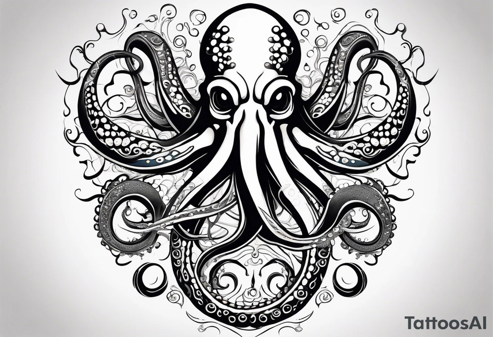 Tribal half sleeve. octopus surrounded by ribbons of water waves filled with fish. the octopus has no eyes. Use thick lines only with less detail. tattoo idea