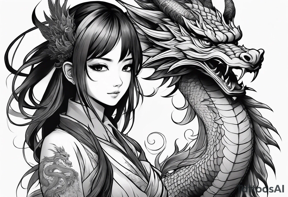 a full shot of an anime girl seen from far, surrounded by asian dragon with wings tattoo idea